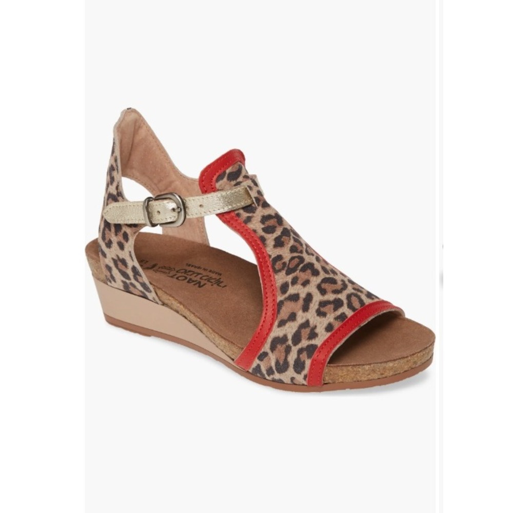 Naot Fiona Wedge Sandals Leopard Red Gold Trim Ankle Strap Womens 38 7 7.5 NEW